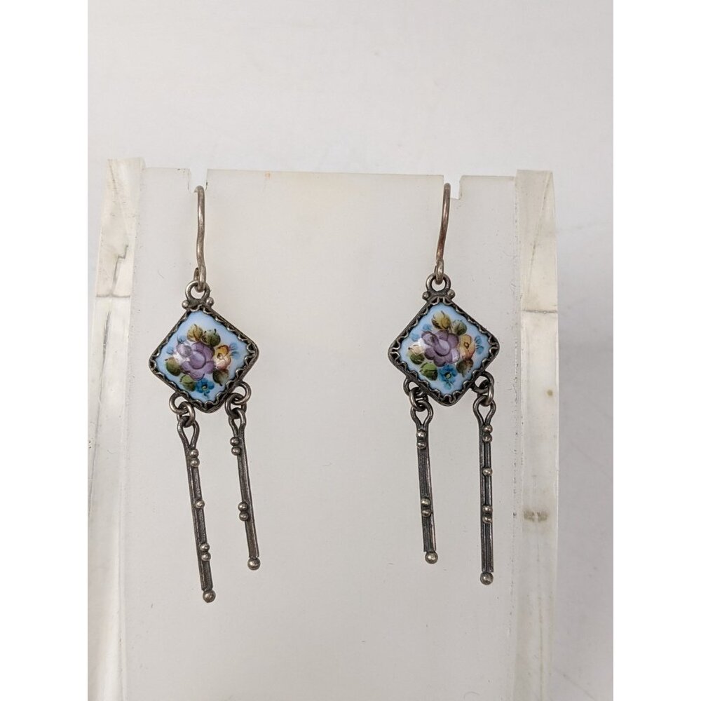 Vintage Finift Jewelry Set Floral Painting USSR Russia Pendant Necklace Earrings - Picture 3 of 13